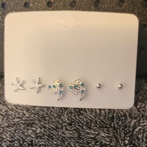 Elegant Silver and Blue Starfish and Leaf Earrings Set